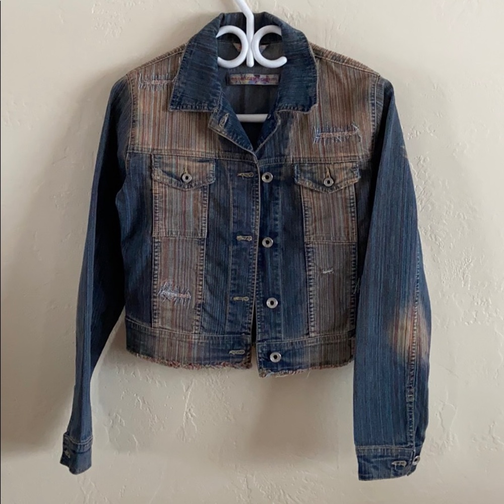 Blue denim jacket with light colourful stripes